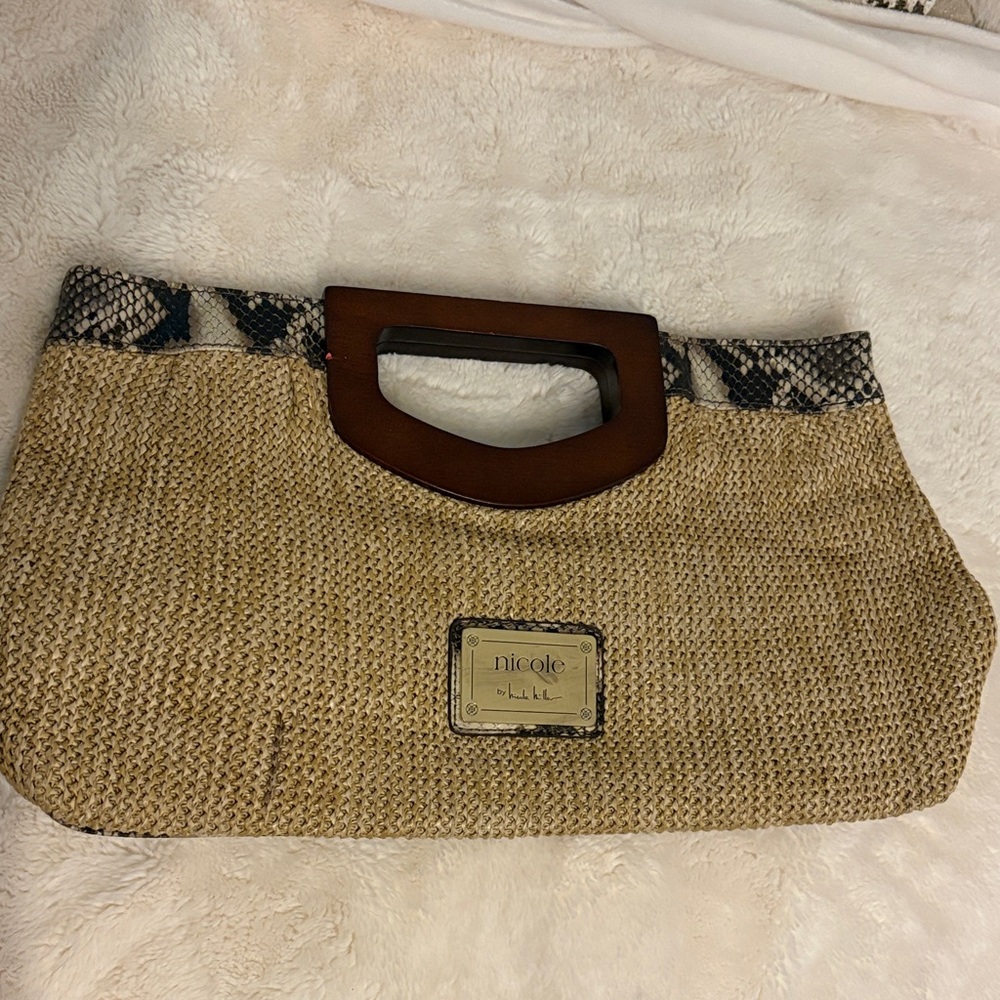 Nicole by Nicole Miller Tan Woven Clutch with Brown Wood Handle and Black Trim